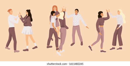 Friends doing high five. Cheerful friends and colleagues give informal greeting. Team people expression joy high five. Vector illustration