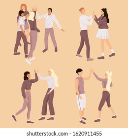 Friends doing high five. Cheerful friends and colleagues give informal greeting. Vector illustration