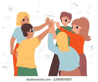 Friends doing high five. Friendship greeting, fun informal greeting. Young generation team, students or teenagers together. Colleagues snugly vector group