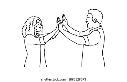 Friends doing high five. Woman and man. Hand drawn vector illustration.