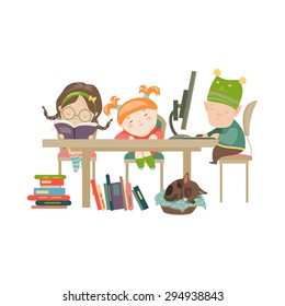 Friends doing homework. Vector Illustration of boy and girls doing their homework.