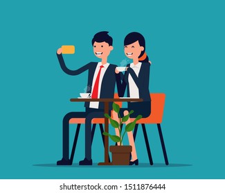 Friends doing selfie in a cafe. Vector illustration couple concept,  Happy flat cartoon design