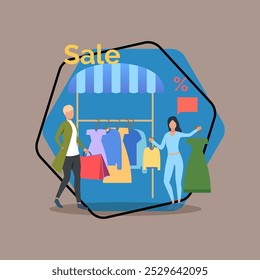 Friends doing shopping in boutique flat vector illustration. Female characters choosing dress on sale. Shopping, sale, special offer, discount concept for banner or web design