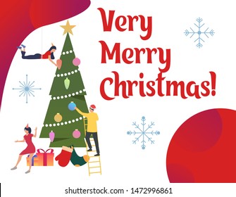 Friends dressing the New Year tree. Christmas, holiday, party. Merry Christmas concept. Vector illustration for presentation slide, poster, new projects