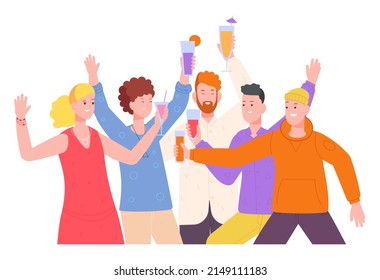 Friends Drink Alcohol. People Celebrate Party, Say Toast Cheers And Friendship, Boy And Girl Drinking Booze Cocktail Together, Group Young Student Teenager, Vector Illustration Of Alcohol Party