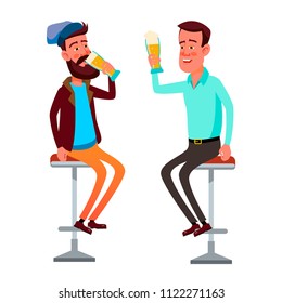 Friends drink beer. Male cartoon characters with glasses of beer sitting in a bar isolated vector illustration. Two drunk men with beer