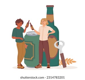 Friends drink beer vector concept. Man and woman with alcoholic drinks on background of bottles and cans of beer. Party or event, holiday. Young girl and guy cheers. Cartoon flat illustration