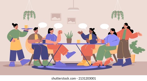 Los amigos beben café y hablan en la cafetería. Vector ilustración plana del interior de restaurante o cafetería con mesa, plantas, camareras y grupo de felices multirraciales sentados juntos