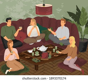 Friends drink tea at home. Tea ceremony concept vector illustration. People sitting on floor and sofa, drinking tea and talking