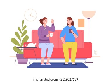 Friends drink tea home. Coffee drinking, female fun conversation on comfy couch, meeting laughing friends chatting and gossiping dialog on sofa splendid cartoon character vector. Illustration meeting
