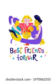 Friends drink through straws a huge cocktail at a birthday party and take a selfie. Vector illustration flat print style happy birthday party concept. Best friends forever lettering