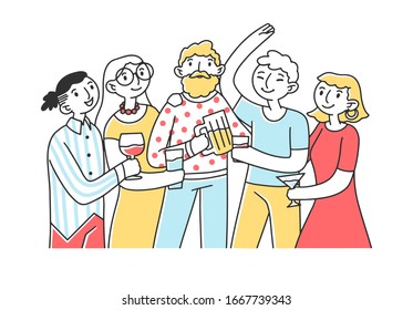 Amigos bebiendo alcohol en la ilustración vectorial plana de la fiesta. Personajes adolescentes felices sonriendo, aferrándose a lentes y agitando las ovaciones juntos. Concepto de celebración y amistad