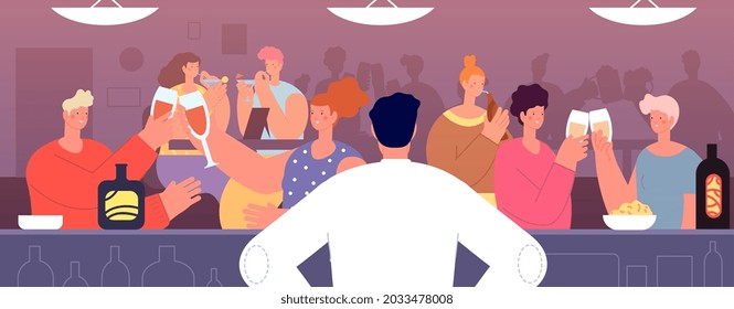 Friends drinking in bar. Young people fun, barmen look at crowd with wine and beer. Happy adult in pub cheers, drinks party utter vector concept