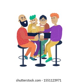 Friends drinking beer in bar. Men in textured colorful sweaters smiling, chatting. Positive cartoon vector illustration. 
Bald bearded guy, boy in glasses, 
redheaded. Isolated in white. 
Bar chairs. 