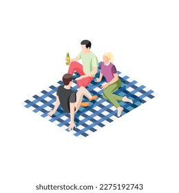 Friends drinking beer from bottle at picnic isometric vector illustration