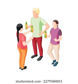 Friends drinking beer from bottles at party isometric vector illustration