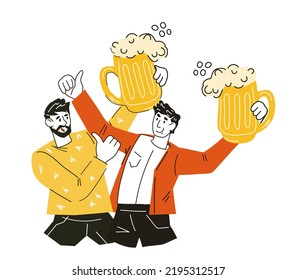 Amigos bebiendo cerveza en el festival de cerveza Oktoberfest, ilustración vectorial de estilo doodle dibujada a mano aislada en fondo blanco.