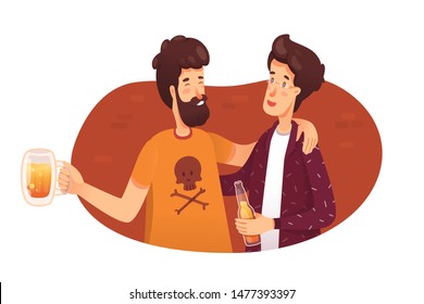 Friends drinking beer flat vector illustration. Young men meet in bar cartoon characters. Cheerful tavern visitors, brothers. Catering business, customer service. Male friendship, alcohol leisure