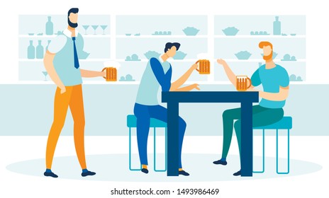 Friends Drinking Beer Flat Vector Illustration. Men Holding Glass Mugs, Pints Cartoon Characters. Male Friendship, Male Group with Frothy Alcohol Beverages. Alcoholism, Alcoholics Sitting in Pub