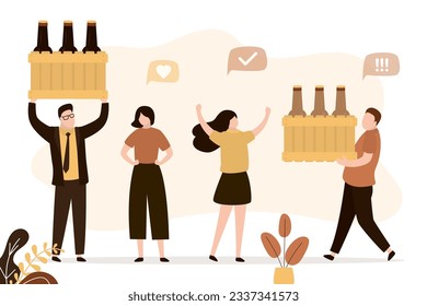 Friends drinking beer. Group of happy people with craft beer bottles. Young adults have fun, relax, drink alcohol, beer party. colleagues celebrating. flat vector illustration