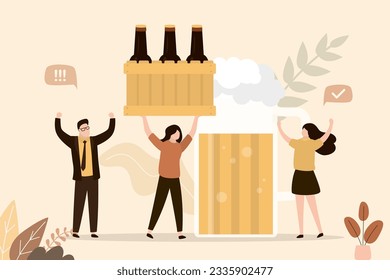 Friends drinking beer. Group of people with beer bottles and mug. Young adults have fun, relax, drink alcohol, beer party. flat vector illustration