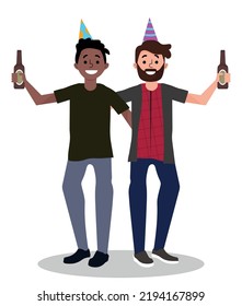 Friends drinking beer. Happy male friends drinking beer, vector illustration with white background.