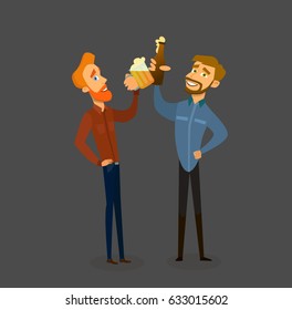 Friends drinking beer .Happy male friends drinking beer and clinking glasses at bar or pub.Vector illustration in a flat style.