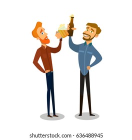 Friends drinking beer .Happy male friends drinking beer and clinking glasses at bar or pub.Vector illustration in a flat style.