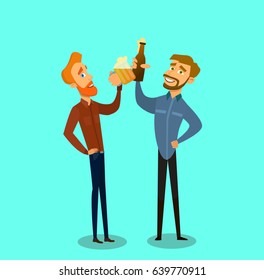 Friends drinking beer .Happy male friends drinking beer and clinking glasses at bar or pub.Vector illustration in a flat style.