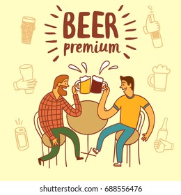 Friends drinking beer. Including set of  hands with drinks and bottles. Hand drawn colorful vector cartoon illustration for your design.