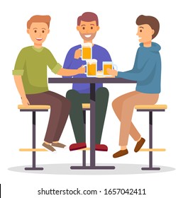 Friends drinking beer in pub on weekends. Isolated characters celebrating holidays together. Male personages consuming alcoholic drinks. Men meeting in bar tasting alcohol. Bachelors party vector