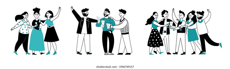 Friends drinking cocktails. Drink party, friend group at alcohol bar. People cheers and clinking glasses, decent celebrate together vector set