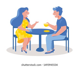 Friends drinking coffee in an outdoor cafe. Group of happy people sitting, talking, hold cups of tea are smiling. Man and woman together in restaurant on urban landscape. Business lunch, coffee break