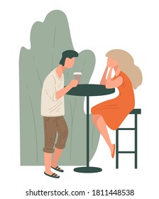 Friends drinking coffee and talking. Man and woman sitting by tables enjoying beverages in cafe. Boyfriend and girlfriend on date, male and female personages in outdoors terrasse. Vector in flat