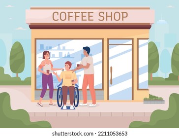 Friends Drinking Coffee Together Flat Color Vector Illustration. Communication. Positive Interaction. Fully Editable 2D Simple Cartoon Characters With Coffee Shop On Background. Recursive Font Used