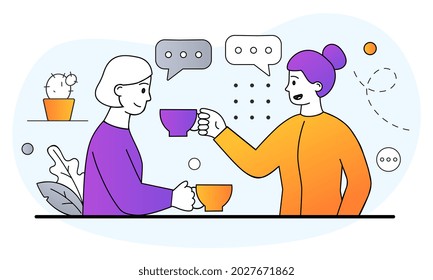 Friends drinking tea concept. Women hold cups of hot drinks in their hands and communicate. People enjoying coffee break in public place. Cartoon doodle flat vector illustration on white background