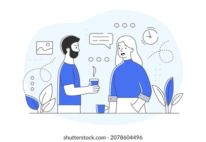 Friends Drinking Tea. Man Offering Girl Hot Drink. Lunch Break, Employees In Company. Recuperation, Communication Of Friends. Cafeteria, Restaurant, Dining Room. Cartoon Flat Vector Illustration