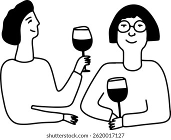 Amigos Bebendo Vinho. Homem e mulher. Rabisco de Desenho de Linha	
