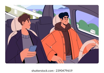 Friends drive, ride in car together. Driver looking on road, holds steering wheel. Passenger navigates by digital map, search route in smartphone. People inside automobile. Flat vector illustration