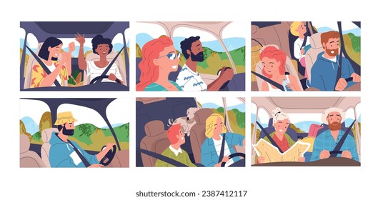 Friends driving car. Funny adventurous go to vacation inside cars interior, family or student road trip, happiness drive travel on vehicle transportation classy vector illustration of driving with dog