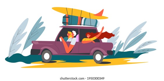 Friends driving in car to seaside for vacation by sea or ocean. Surfboards in van on way to resort. Traveling people seeking for adventure, tourism and relax on weekends. Vector in flat style