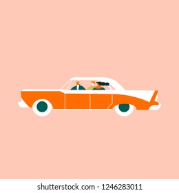 Friends driving retro 50s red sport car and having fun illustration in vector