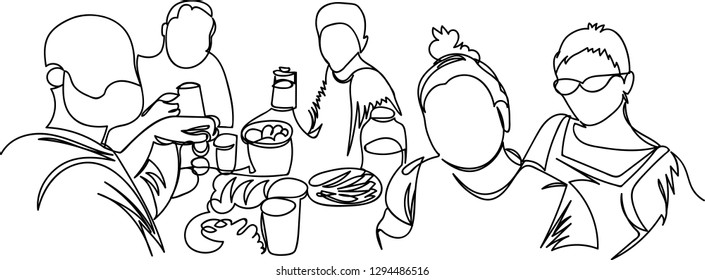 friends eat and drink at the holiday table. one line