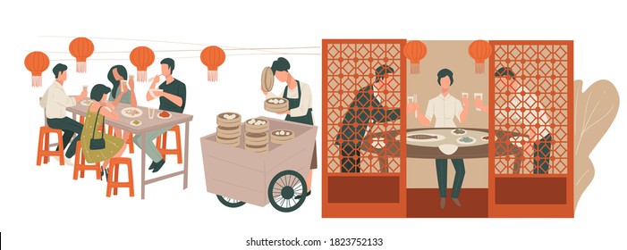 Friends eating and drinking beverages at chinese restaurant. Partners on meeting trying asian cuisine in isolated room. Street seller with traditional dim sum dumplings, selling food, vector in flat
