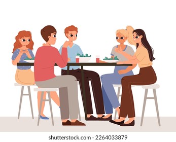 Friends eating and drinking together, happy teens talking sitting on table. Young adults friendship, student dinner or lunch meeting vector cartoon scene