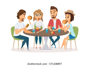 Friends eating fast food meal in restaurant. Group of happy people sitting, talking and having dinner burgers, fries and drinking soda. Young fun and smiling men and women together.