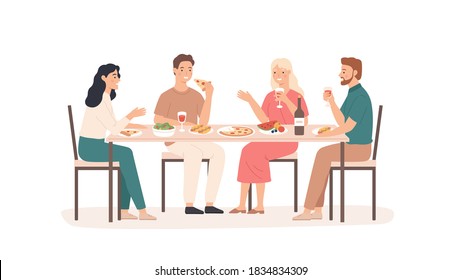 Friends eating. Fun and smiling people at table in restaurant, cafe or home drink beverage, eat tasty dishes friendly hangout vector concept. Illustration restaurant people talking meeting