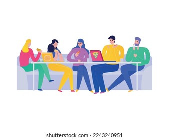 Friends eating pizza at bistro flat vector illustration