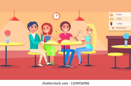Friends eating pizza in cafe vector illustration of happy couples having snack in restaurant, people sitting on chairs at table indoor interior design