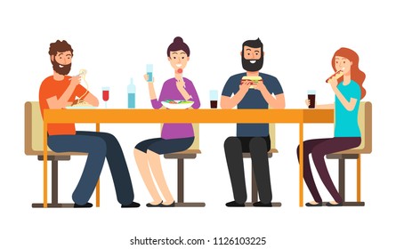 Amigos comendo lanches. Grupo de pessoas amigáveis têm jantar na mesa no restaurante. Caracteres vetoriais de desenhos animados isolados em fundo branco. Ilustração restaurante almoço amizade, pessoas jovens e felizes